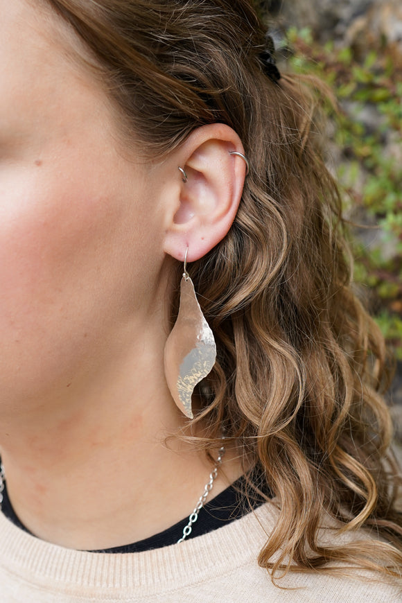 Hammered Giant Teardrop Drop Earrings Silver Pruden and Smith On Model