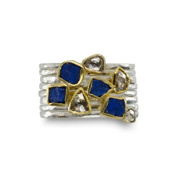 Rough Cut Lapis Lazuli Silver & 18ct Yellow Gold Stacking Ring Ring Pruden and Smith   