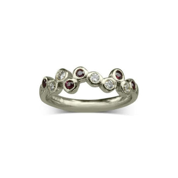 Water Bubbles Offset Gold Ruby Diamond Half Eternity Ring Ring Pruden and Smith 9ct White Gold  