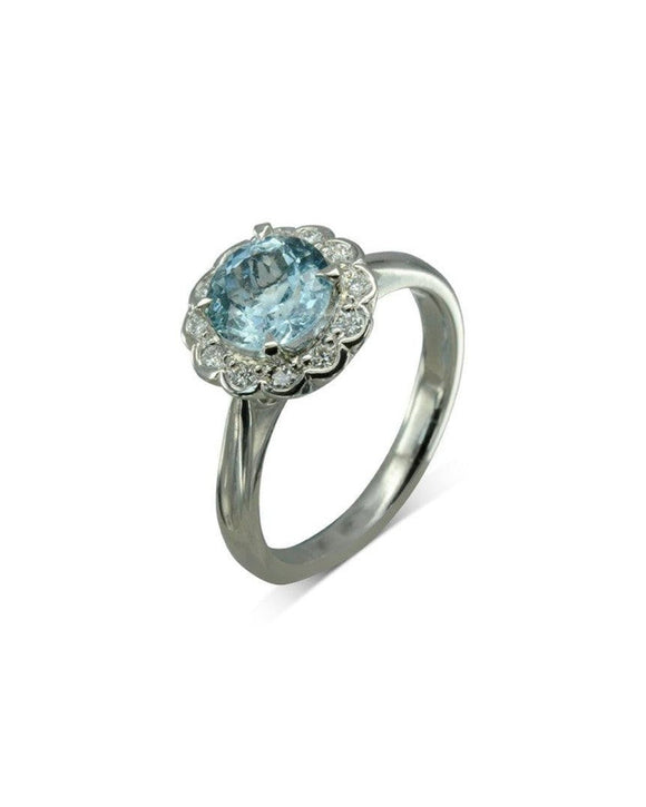 Aquamarine with Scalloped Diamonds Cluster Engagement Ring Ring Pruden and Smith