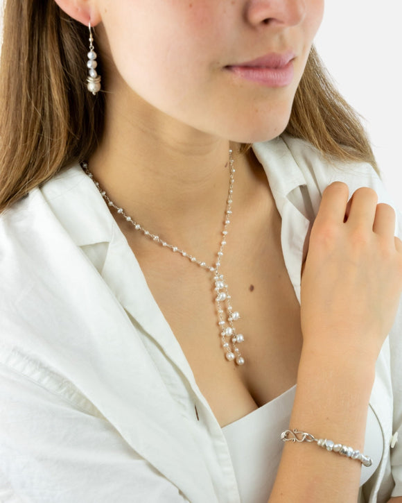 Beaded Pearl Silver Tassel Necklace Necklace Pruden and Smith