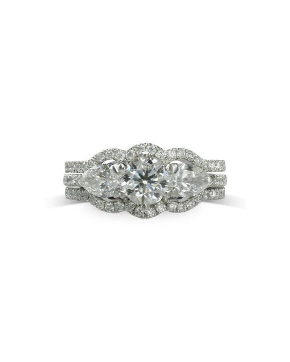 Claw Set Round Brilliant and Pear Shaped Diamond Trilogy Ring Set Ring Pruden and Smith