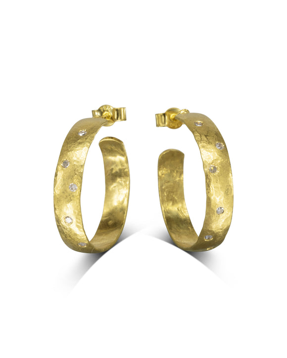 Hammered Rough 18ct Gold Diamond Hoop Earrings Pruden and Smith