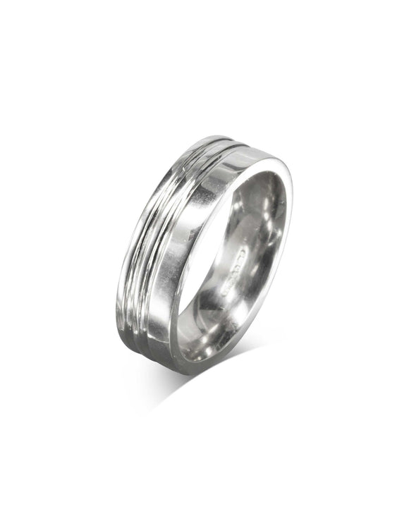 Flat Wedding Rings With Engraved Lines Pruden and Smith