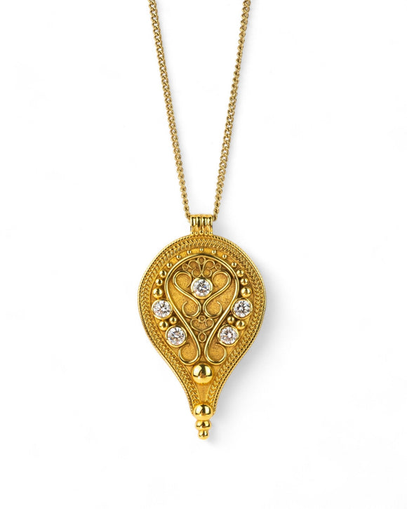 Filigree Pear Shaped Diamond Yellow Gold Pendant Pendant Pruden and Smith