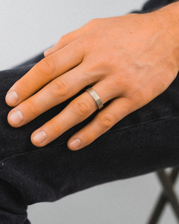 Men's Hammered Wedding Ring Ring Pruden and Smith On Model