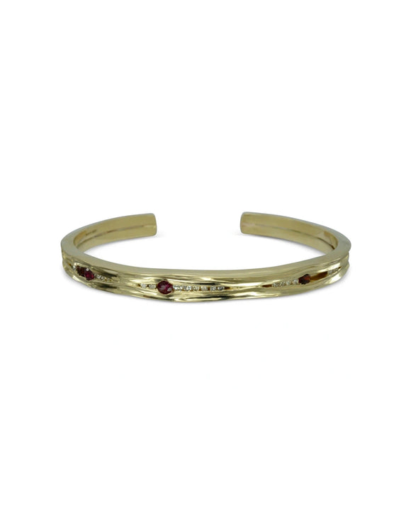 Hammered Ruby and Diamond Solid 9ct Gold Bangle Bangle Pruden and Smith