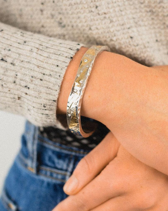 Hammered Silver and Yellow Gold Diamond Cuff Bangle Bangle Pruden and Smith