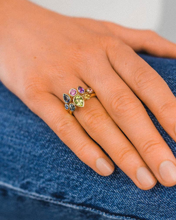Multi-Coloured Aquamarine and Sapphire Pear Stacking Ring Set Ring Pruden and Smith