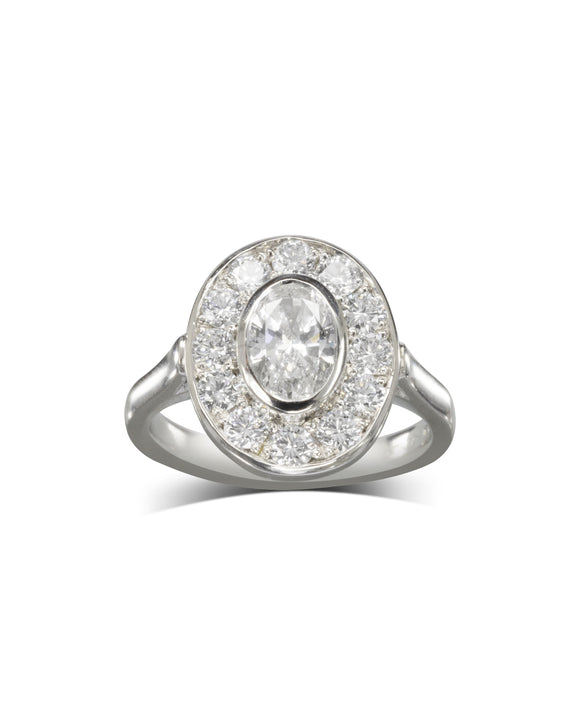 Handmade Oval Diamond Platinum Cluster Ring Ring Pruden and Smith