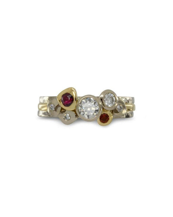 Pebble Gold, Ruby, and Diamond Mixed Metal Stacking Ring Set Ring Pruden and Smith