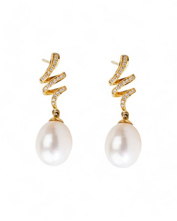 Ribbon Pearl and Diamond Drop Earrings Earrings Pruden and Smith