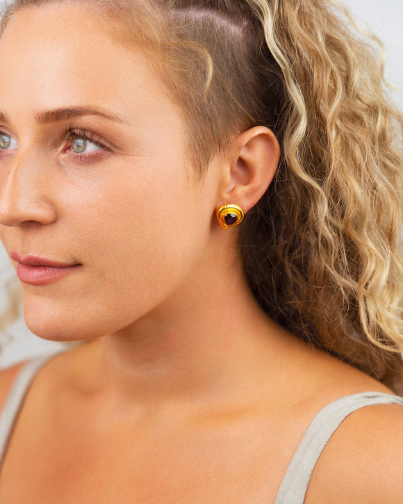 Roman Hammered Yellow Gold Ruby Stud Earrings Earrings Pruden and Smith 17mm