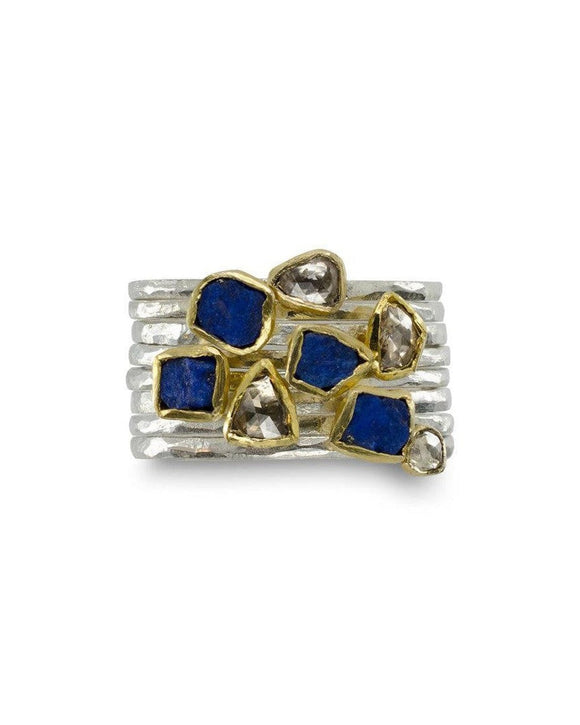 Rough Cut Lapis Lazuli Silver & 18ct Yellow Gold Stacking Ring Ring Pruden and Smith