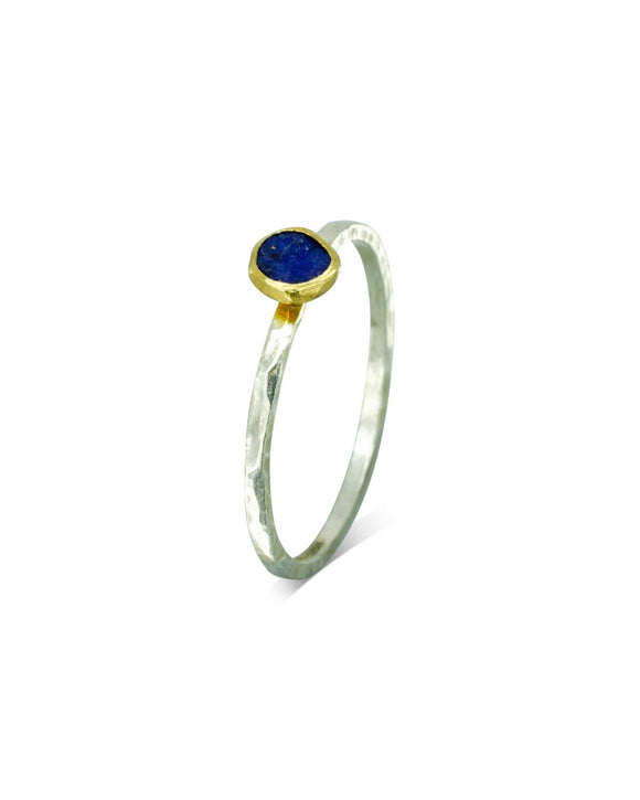 Rough Cut Lapis Lazuli Silver & 18ct Yellow Gold Stacking Ring Ring Pruden and Smith