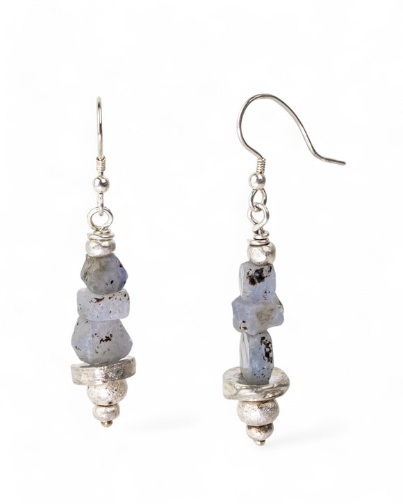 Rough Sapphire with Silver Hammered Discs Dangly Earrings Earrings Pruden and Smith