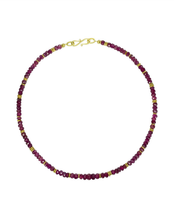 Ruby and Yellow Gold Necklace Necklace Pruden and Smith 3mm fine natural ruby and 9ct yellow gold beads