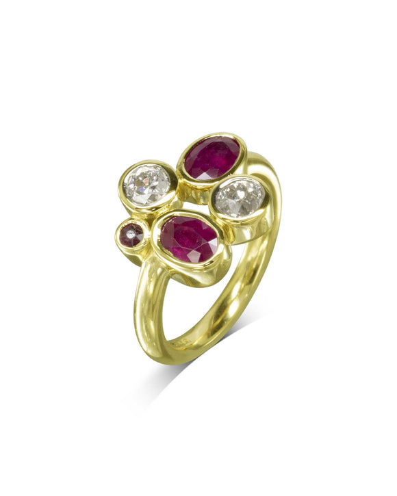 Ruby Diamond Gold Abstract Bubbles Cluster Ring Ring Pruden and Smith