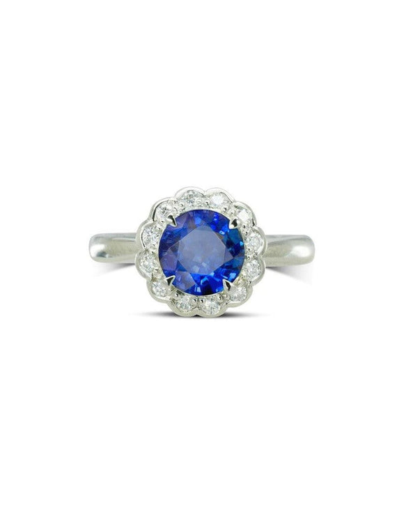 Sapphire and Diamond Scalloped Edge Cluster Ring Ring Pruden and Smith