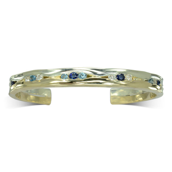 Hammered Sapphire and Diamond Solid 9ct Gold Bangle Pruden and Smith