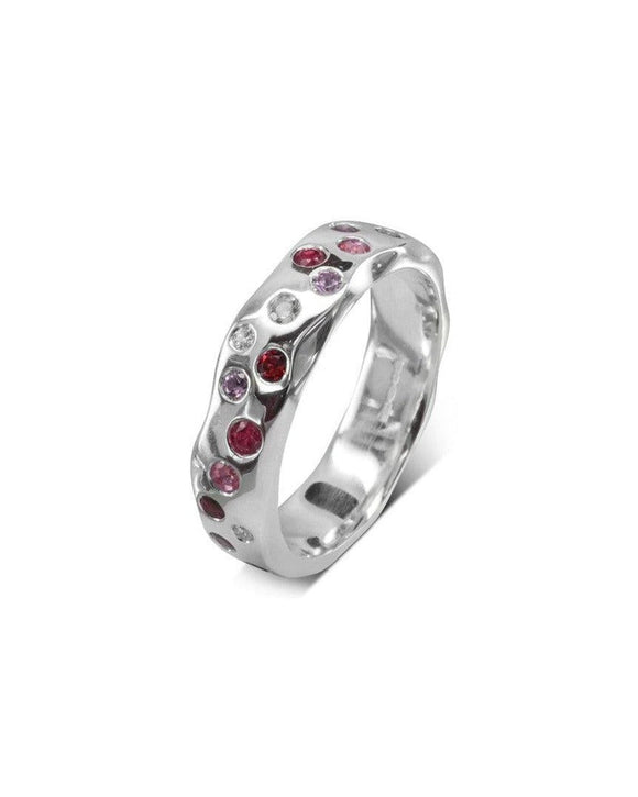 Side Hammered Ruby Pink Sapphire Diamond Eternity Ring Ring Pruden and Smith