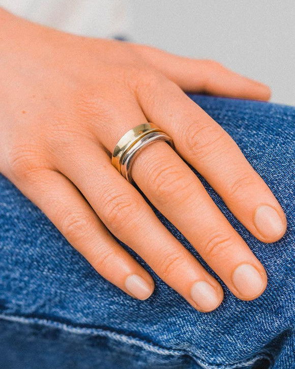 Side Hammered Two Colour Gold Wedding Rings (7mm) Ring Pruden and Smith