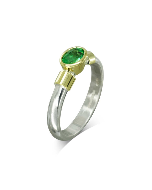 Silver and Gold Shoulder Oval Emerald Ring Ring Pruden and Smith