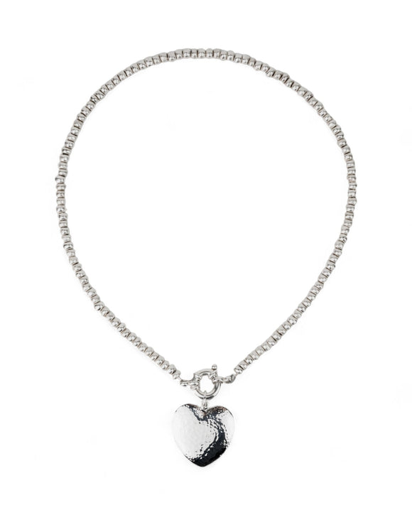 Silver Nugget Necklace with Hammered Heart Pendant Necklace Pruden and Smith