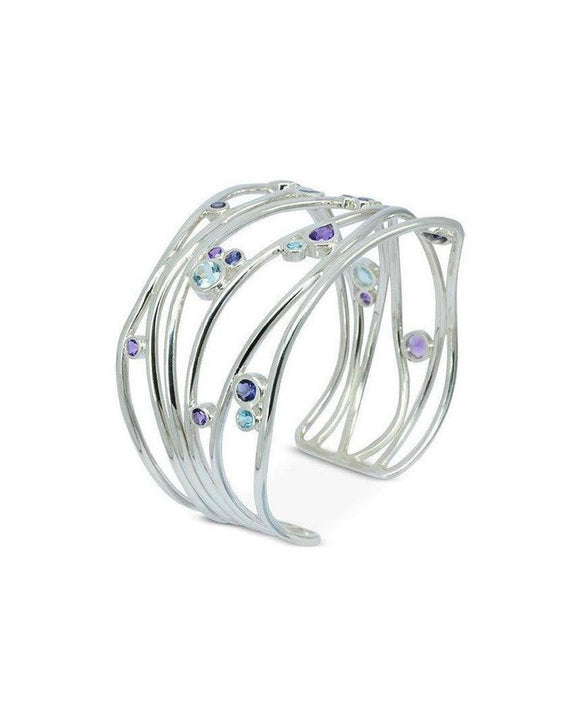 Six Strand Amethyst and Topaz Solid Silver Cuff Bangle (Wide) Bangle Pruden and Smith