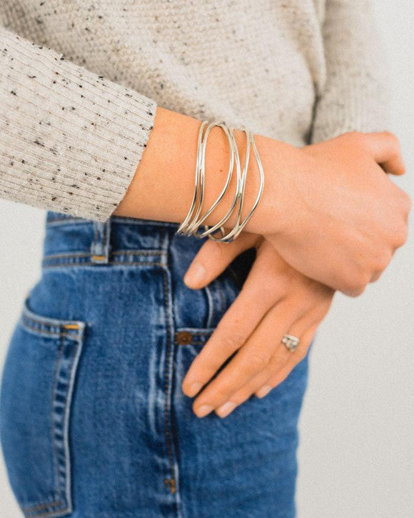 Six Strand Solid Silver Cuff Bangle (Shallow) Bangle Pruden and Smith