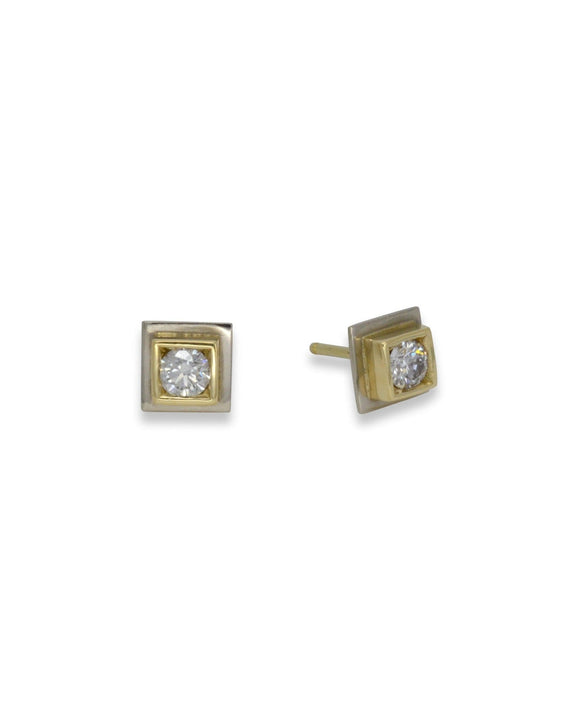 Square Yellow and White Gold Diamond Stud Earrings Earrings Pruden and Smith