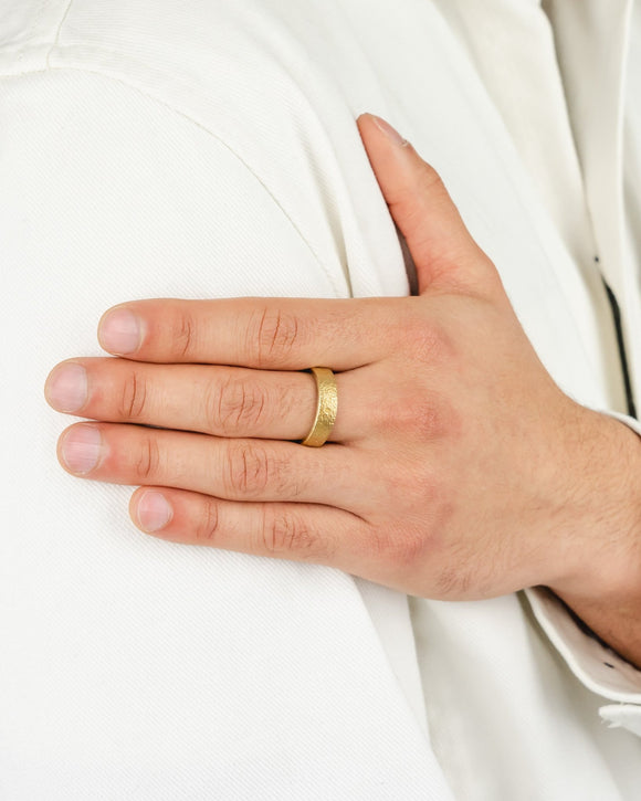 Textured Flat Yellow Gold Wedding Ring - 6mm Ring Pruden and Smith on Model