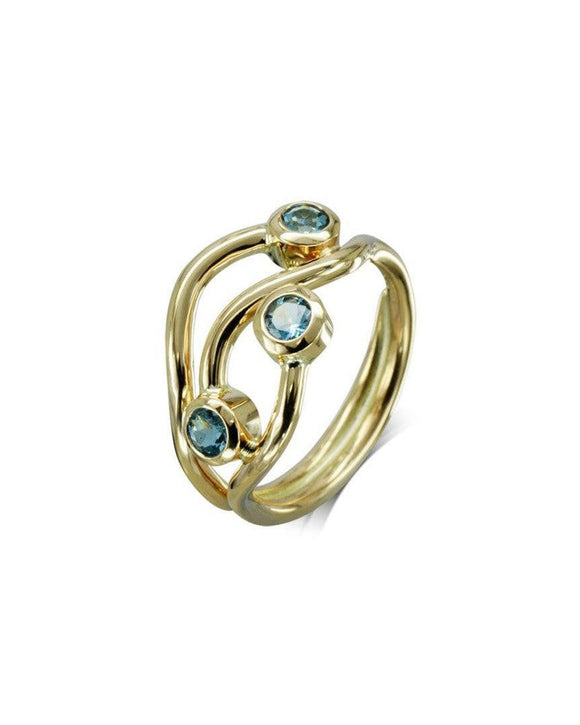 Three Strand Aquamarine 9ct Gold Dress Ring Ring Pruden and Smith 9ct Yellow Gold