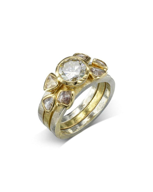 Two Tone Round Brilliant and Rough Diamond Stacking Ring Set Ring Pruden and Smith