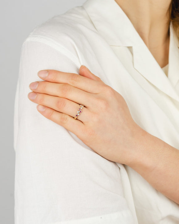 Water Bubbles Offset Gold Ruby Diamond Half Eternity Ring Ring Pruden and Smith