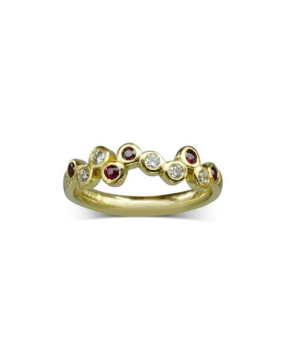 Water Bubbles Offset Gold Ruby Diamond Half Eternity Ring Ring Pruden and Smith 9ct Yellow Gold
