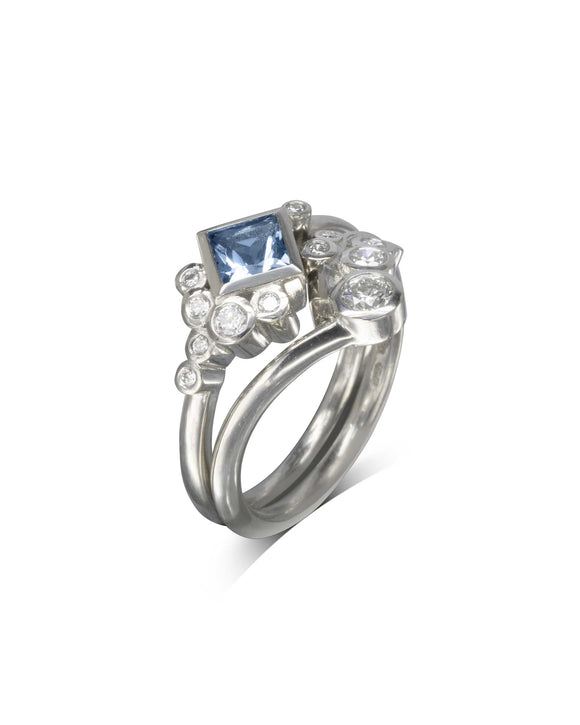 Water Bubbles Square Aquamarine and Diamond Ring Set Ring Pruden and Smith