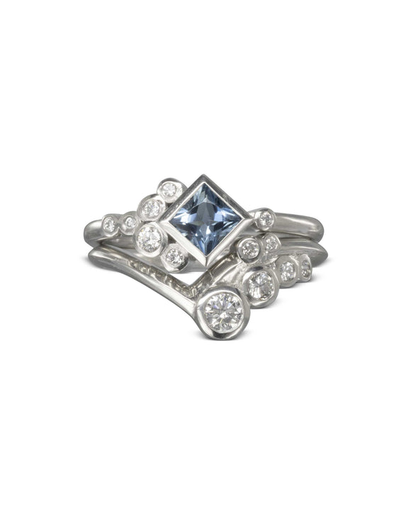 Water Bubbles Square Aquamarine and Diamond Ring Set Ring Pruden and Smith
