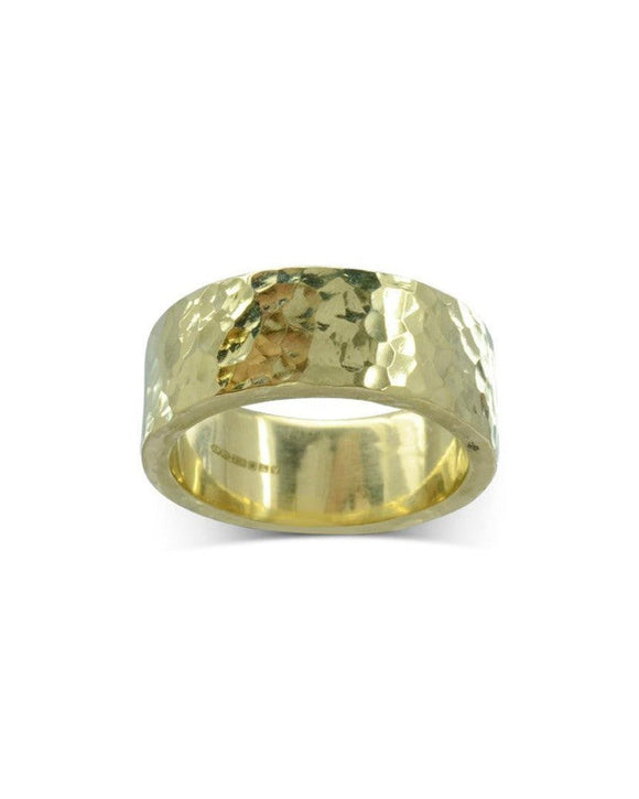 Wide Hammered Gold Wedding Band Ring Pruden and Smith 10mm 18ct Yellow Gold