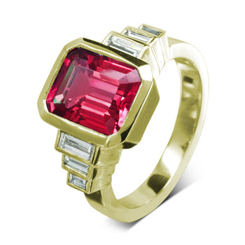 Bespoke Art Deco Ruby Diamond Ring Ring Pruden and Smith 18ct Yellow Gold  