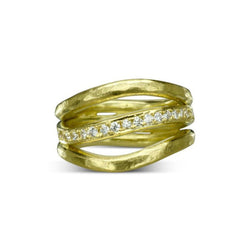 Three Strand Hammered Yellow Gold Diamond Ring Ring Pruden and Smith   