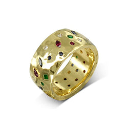 Wide Hammered Gold Sapphire Emerald Ruby Diamond Scatter Ring Ring Pruden and Smith 18ct Rose Gold  