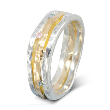 Hammered Organic Three Band Gemstone Eternity Ring Ring Pruden and Smith 9ct White Gold and Yellow Gold  