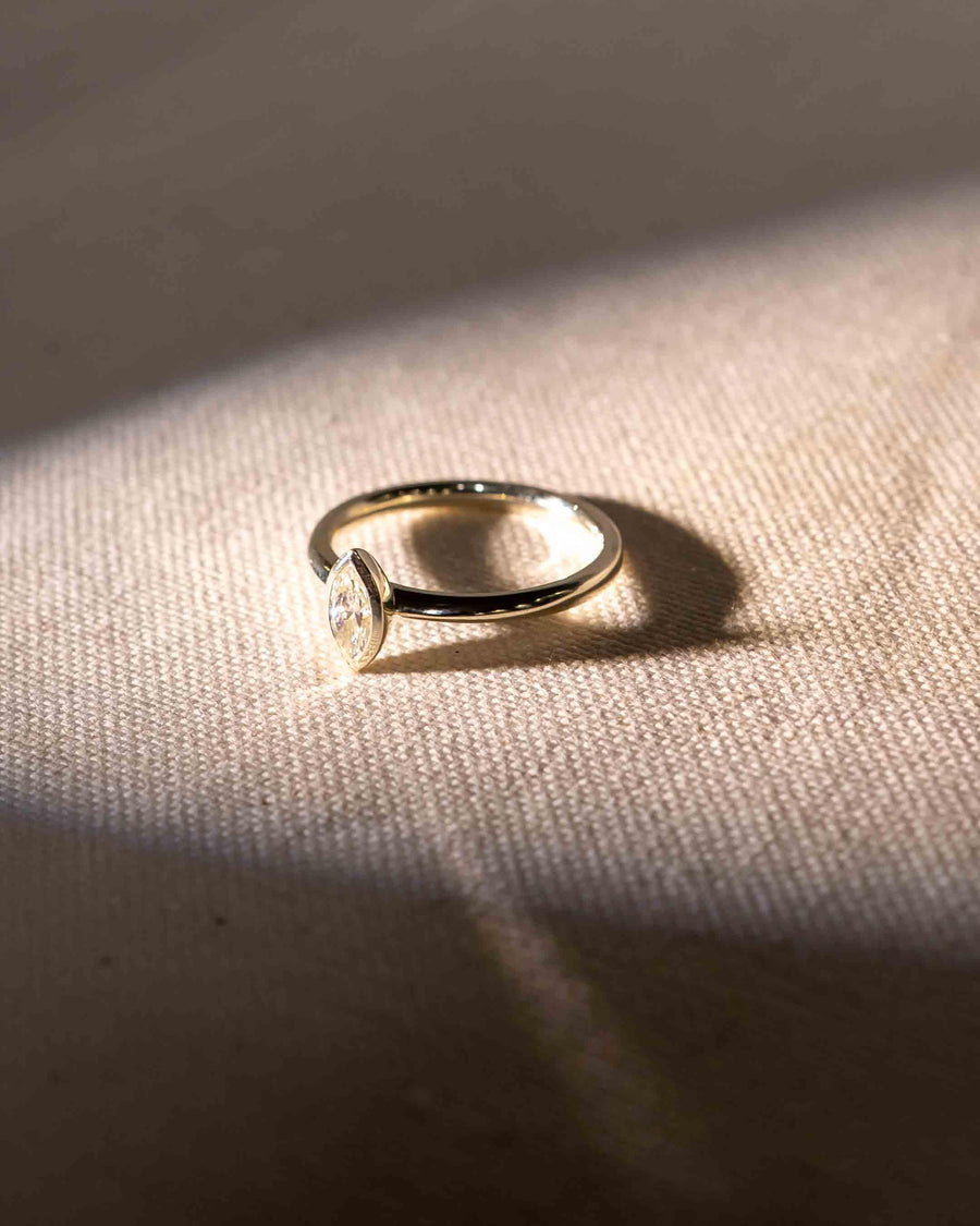 White gold ring with a marquise cut diamond in a bezel setting.