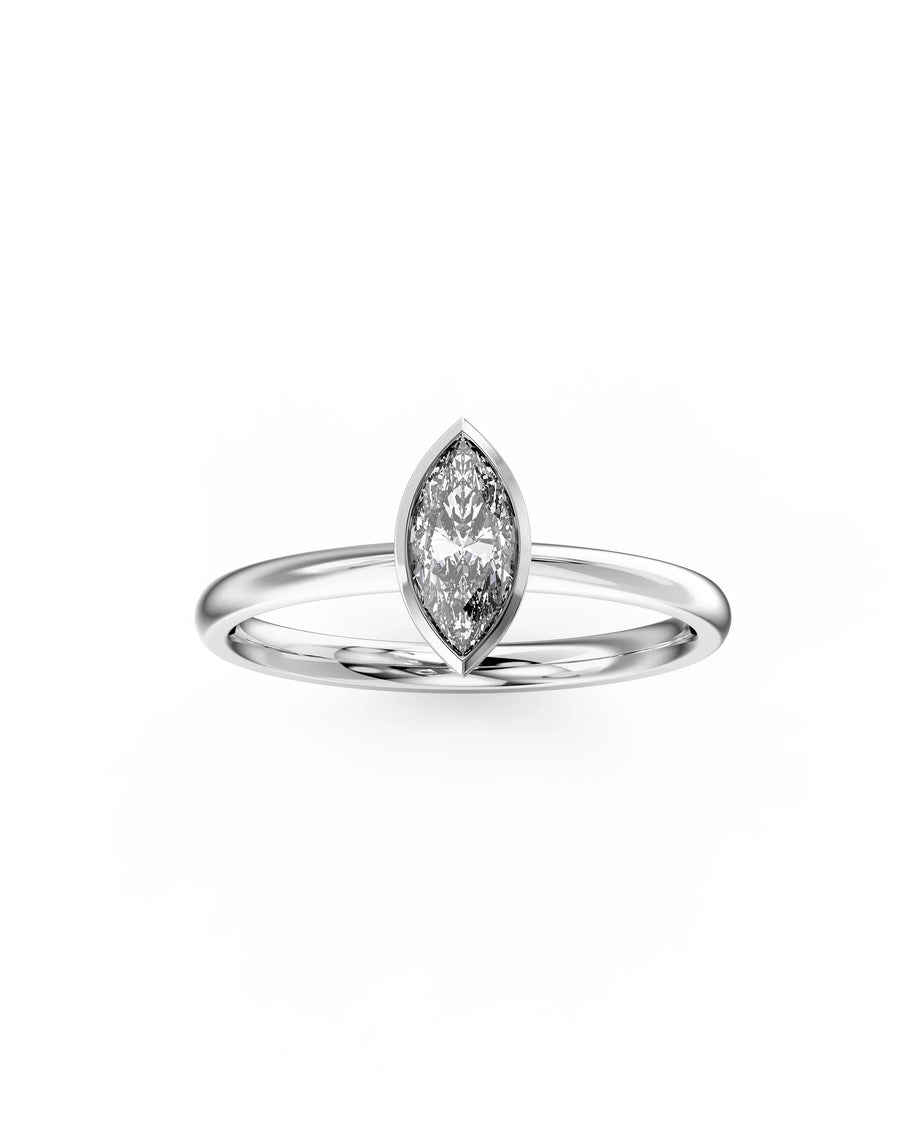Platinum engagement ring with a marquise cut natural diamond in a bezel setting.