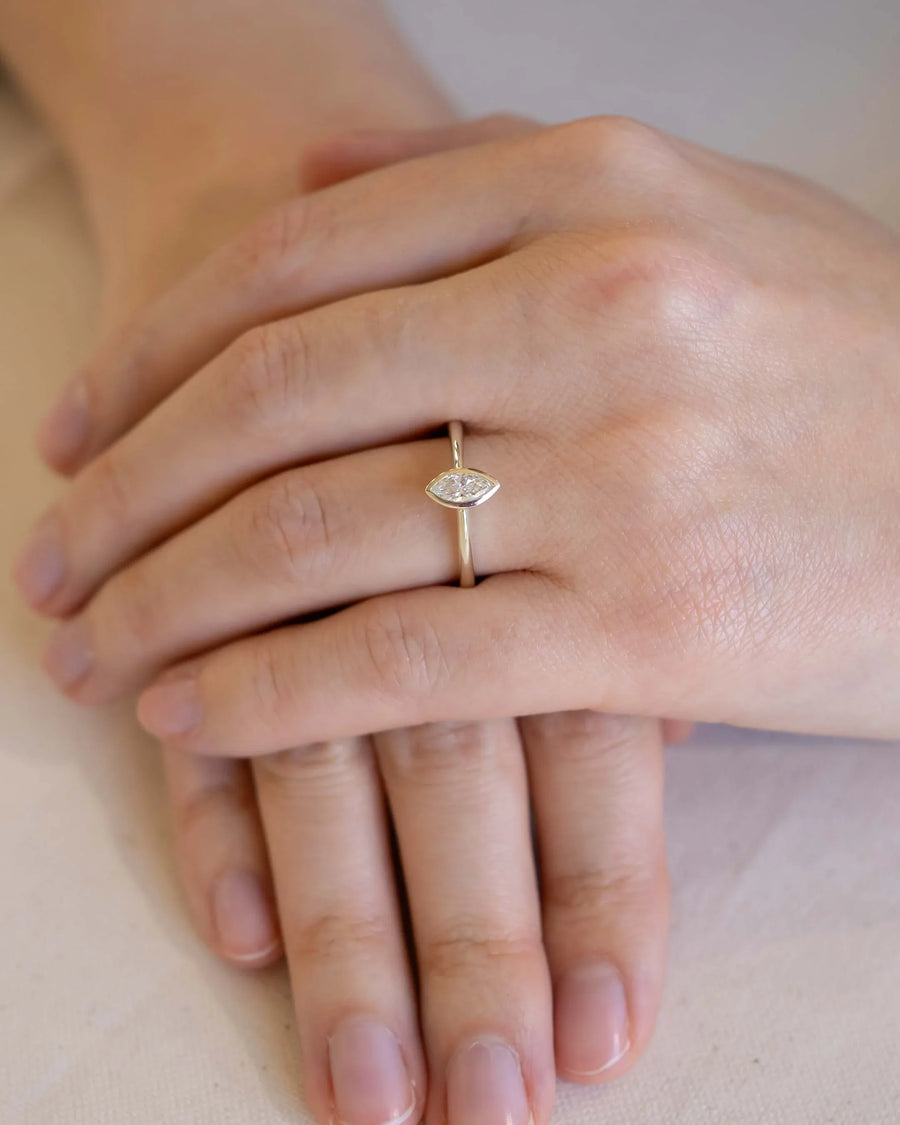 Yellow gold ring with a marquise cut diamond in a bezel setting on a hand.