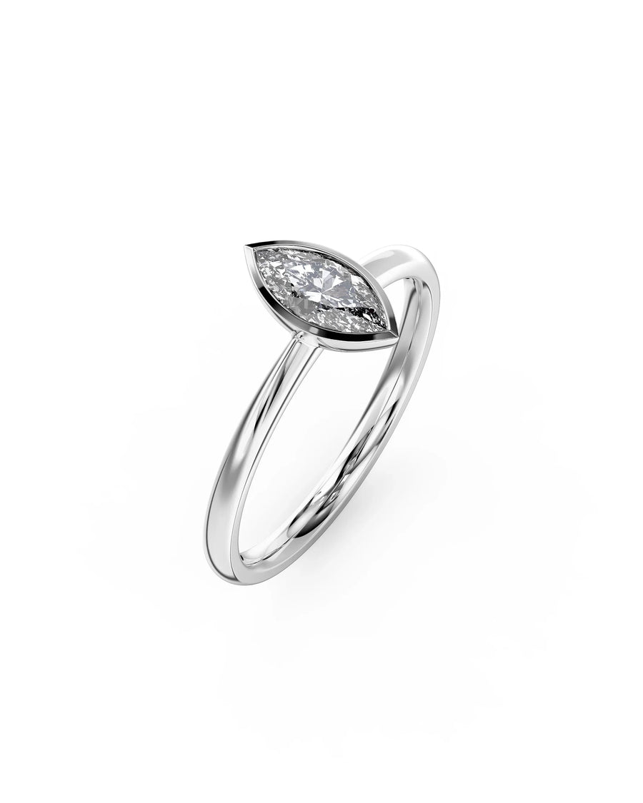 9ct white gold engagement ring with a marquise cut natural diamond in a bezel setting.