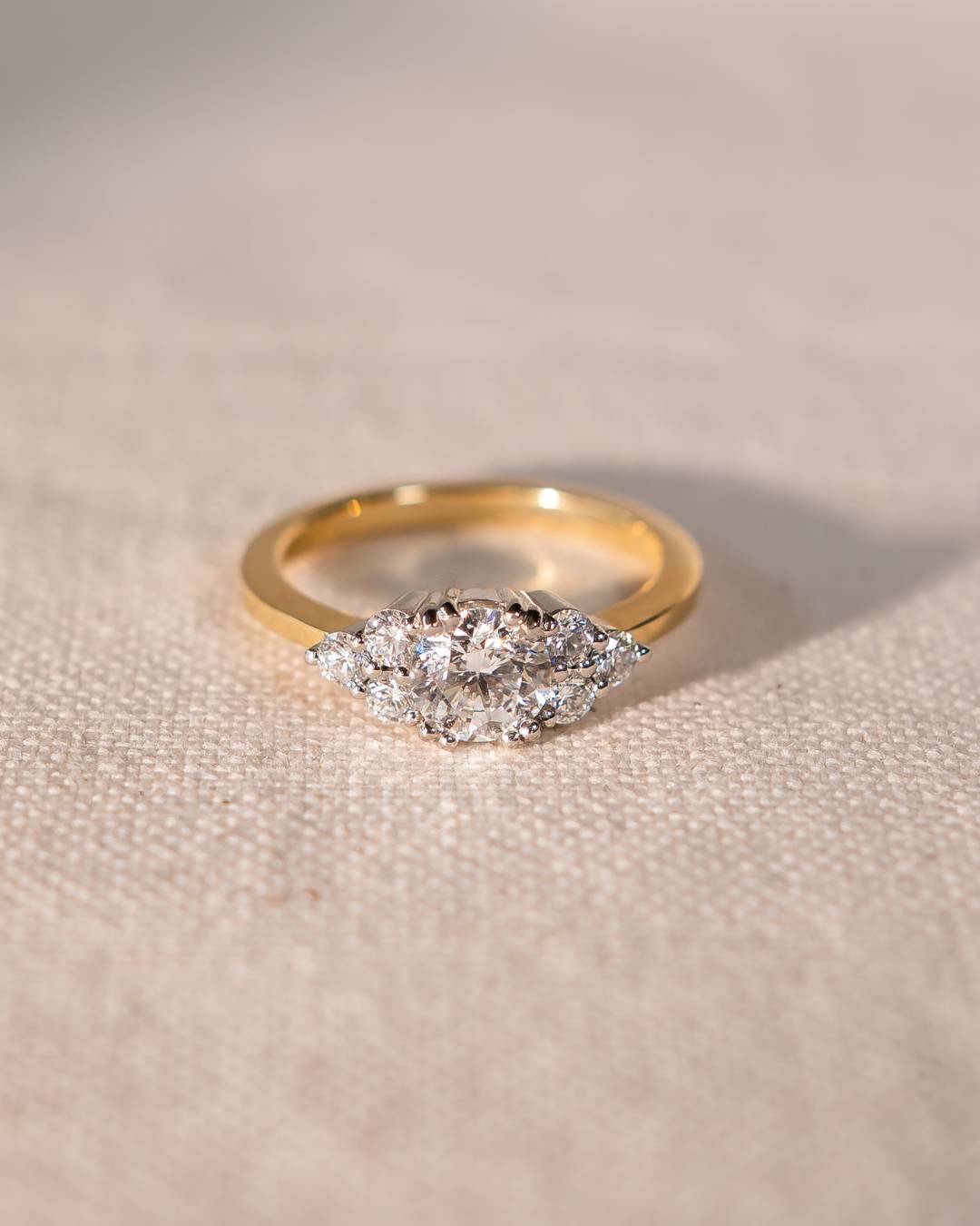 Handmade 0.87ct Round Cut Lab-Grown Trefoil Claw Engagement Ring 18ct Yellow Gold and Platinum by Pruden & Smith