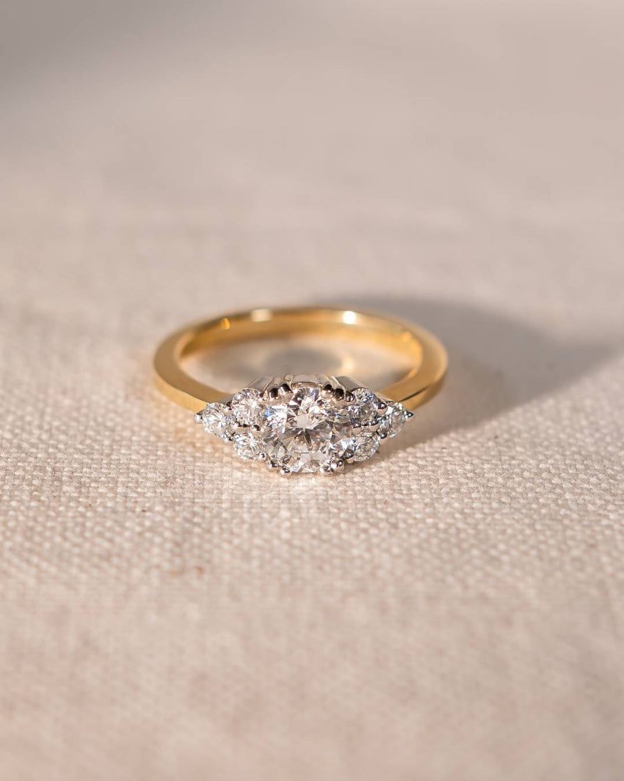 Handmade 0.87ct Round Cut Lab-Grown Trefoil Claw Engagement Ring 18ct Yellow Gold and Platinum by Pruden & Smith