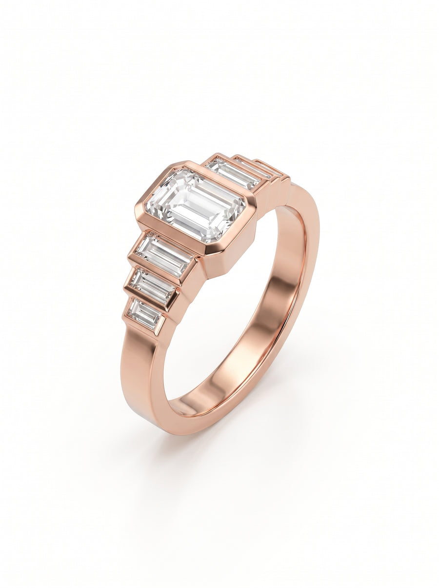 Rose gold engagement ring featuring an emerald-cut center diamond and six baguette-cut side diamonds in an art deco style.
